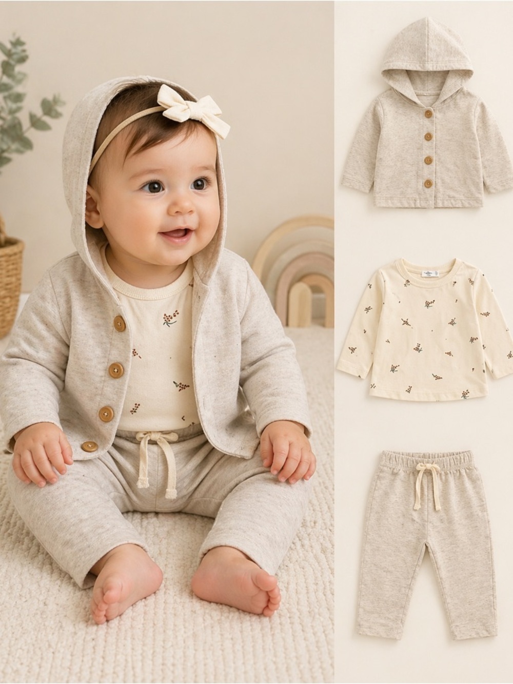 Baby Neutral 3pc Set Hoodie Top Pants 3-6M